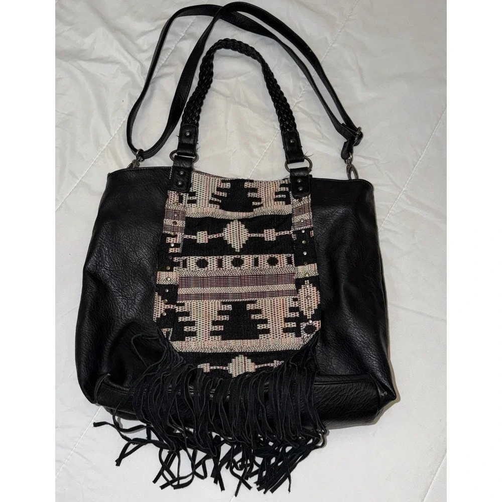 Black Faux Leather Fringe Bag Aztec Purse Hobo Boho Women's Shoulder Bag